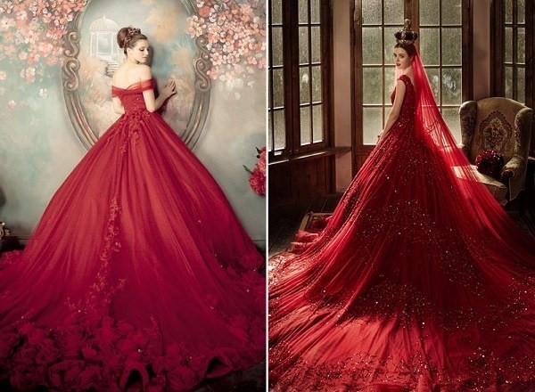 Váy cưới màu đỏ trễ vai kết ngọc trai pha lê - VC36 - NiNiStore 2024
